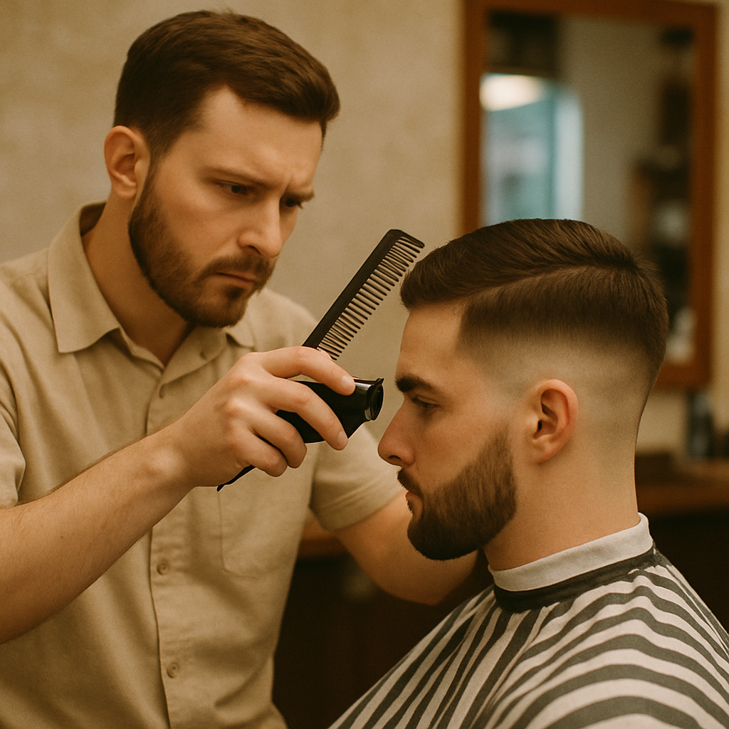 A barber giving a fade haircut