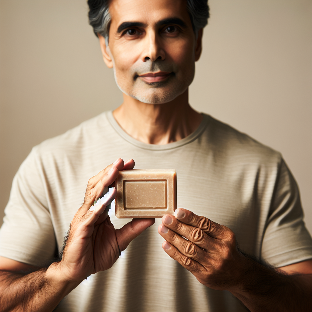 A middle-aged man holding an organic soap bar, showcasing a skincare routine focused on natural and chemical-free cleansing.