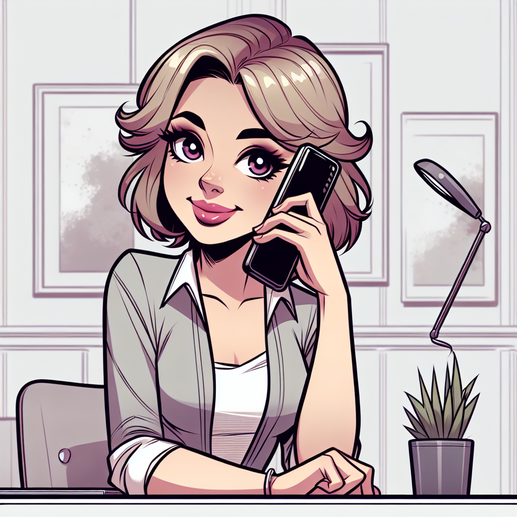 A cartoon-style woman places a prank call with her smartphone