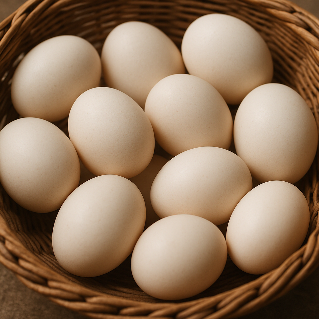 A close-up of Deathlayer chicken eggs in a basket