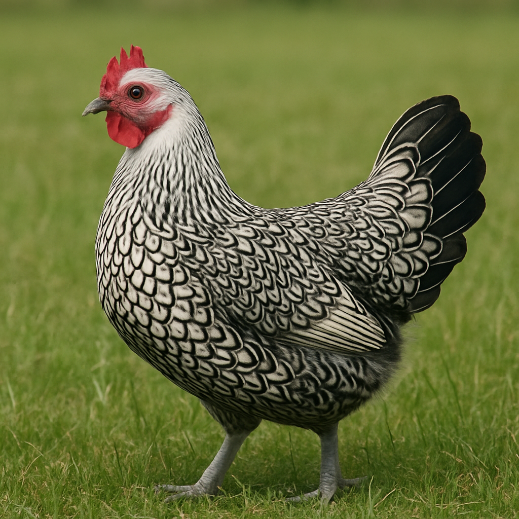 A beautiful Deathlayer chicken standing in a grassy field