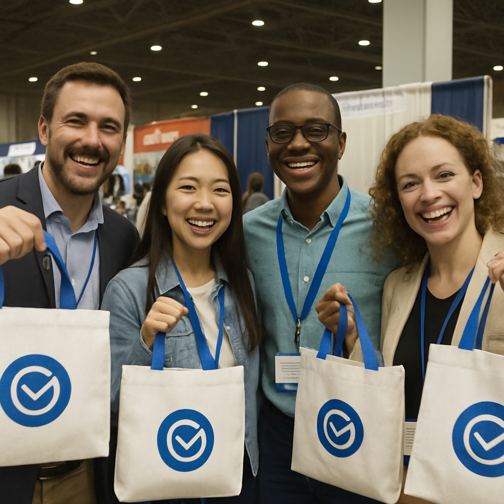 Happy recipients of promotional items at a trade show
