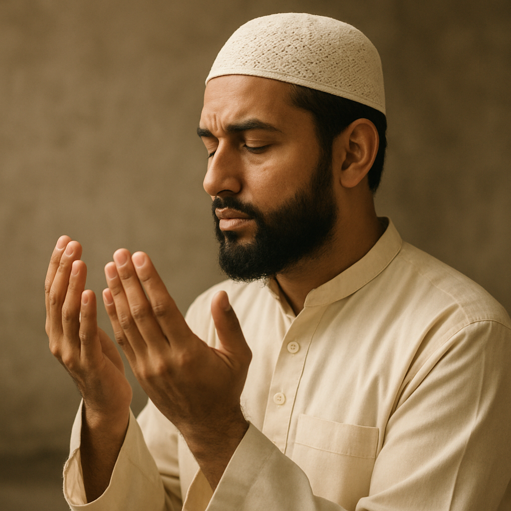 Muslim praying with open hands for divine guidance