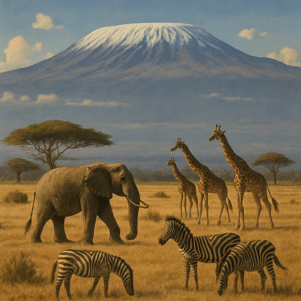 A breathtaking view of Mount Kilimanjaro with wildlife in the foreground