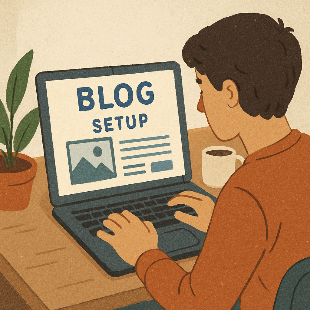 Person setting up a blog on a laptop