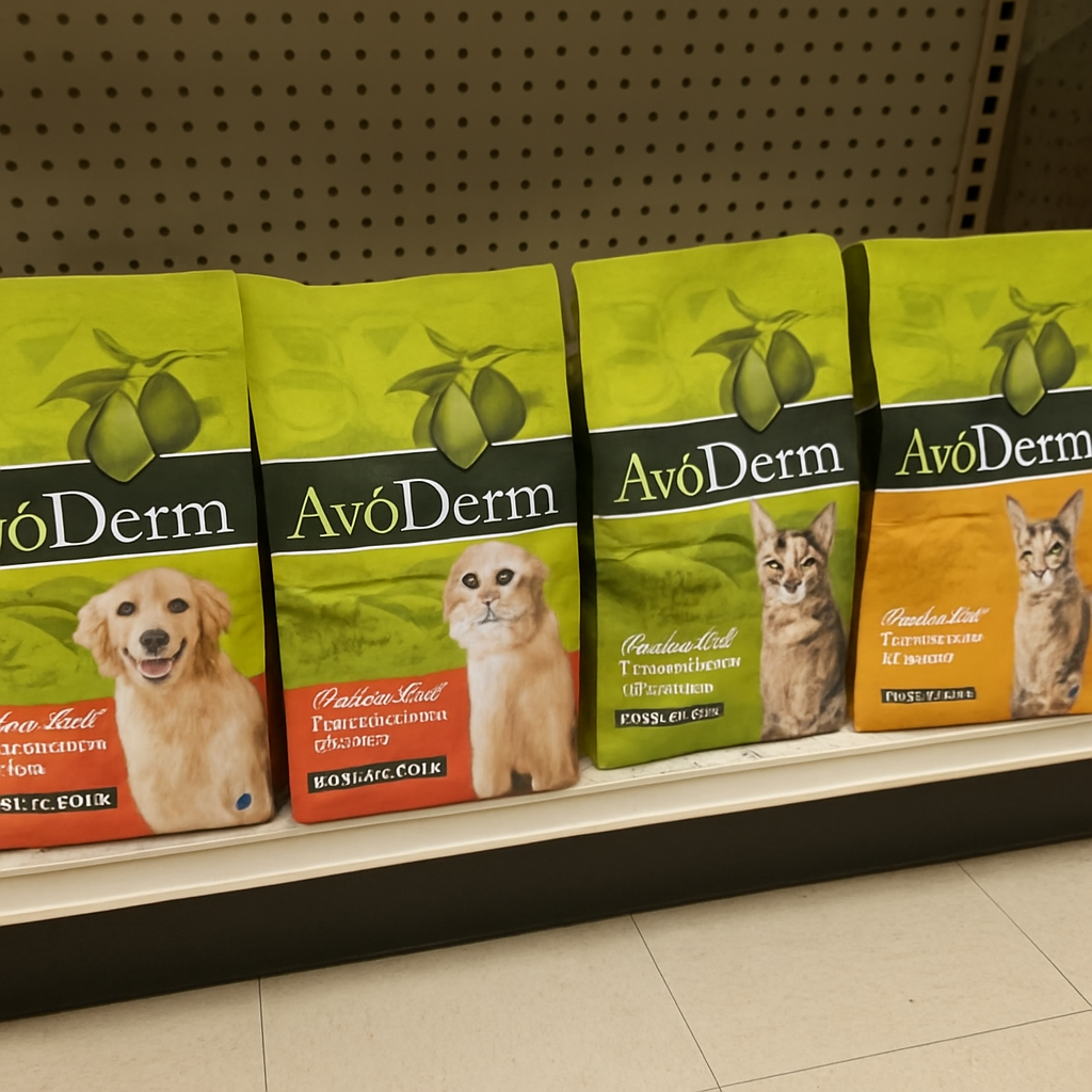 Sacks of Avoderm pet food lined up in a pet store