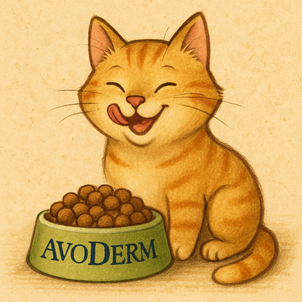 A happy pet enjoying a bowl of Avoderm pet food
