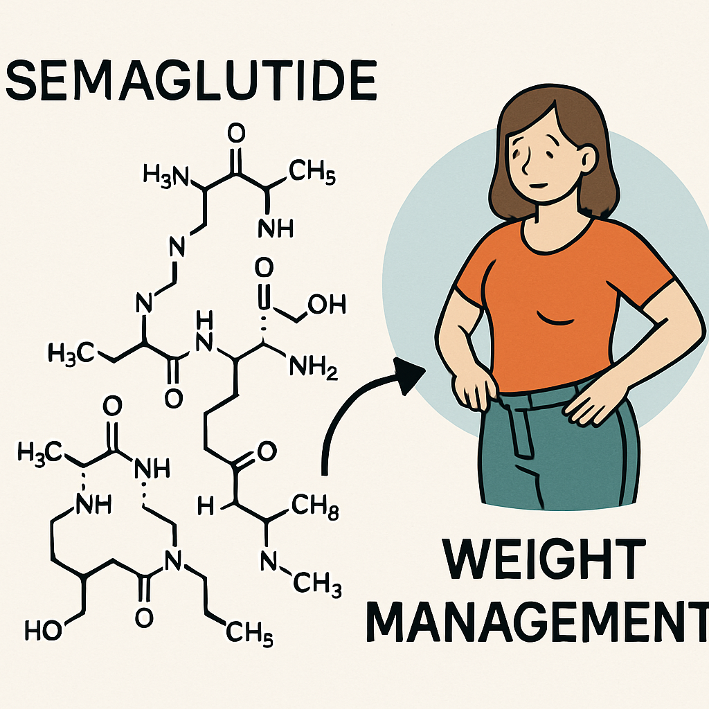 An illustration showing the chemical structure of semaglutide and its relation to weight management.