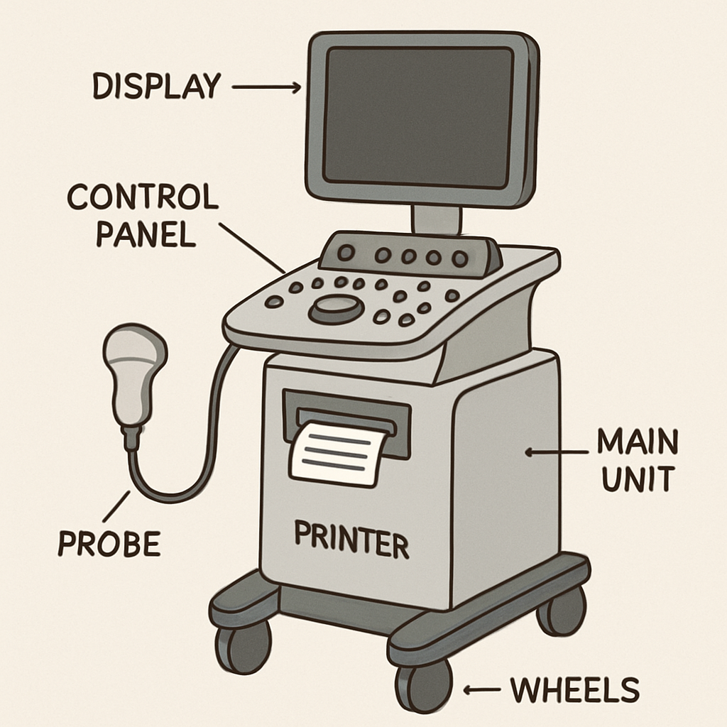 Diagram of an ultrasound machine showing its components