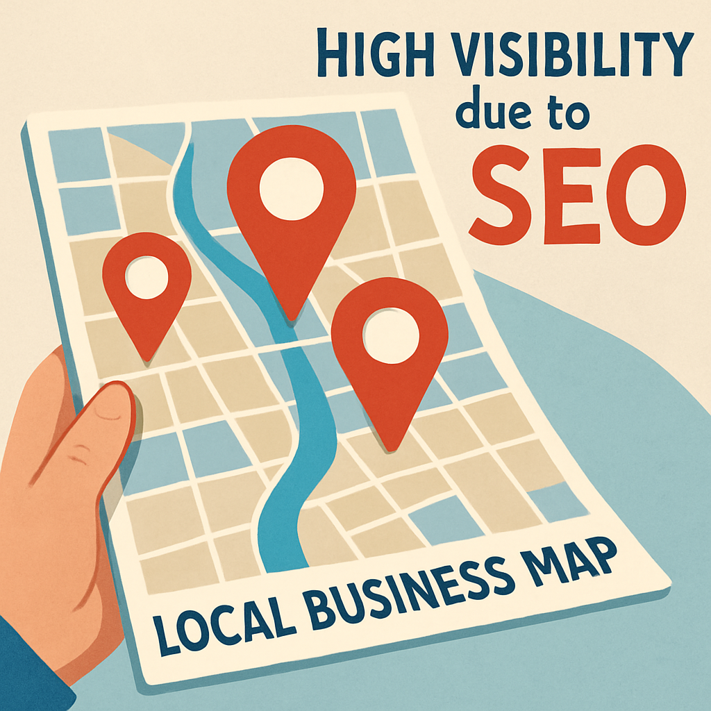 Illustration of a local business map showing high visibility due to SEO