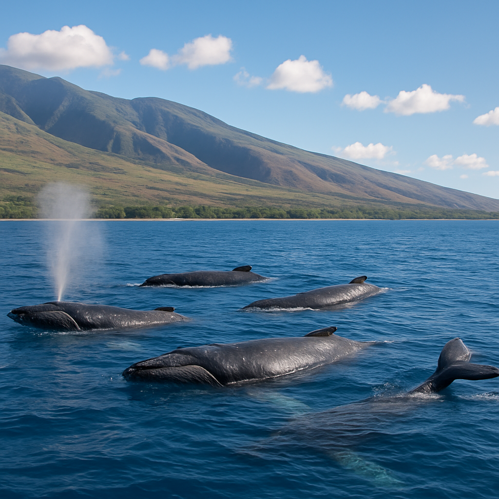A group of humpback whales swimming near the Hawaiian coast