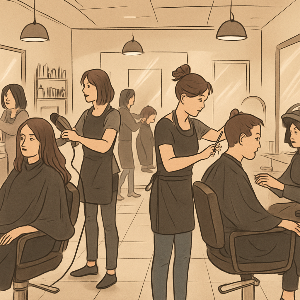 A bustling hair salon interior with stylists at work