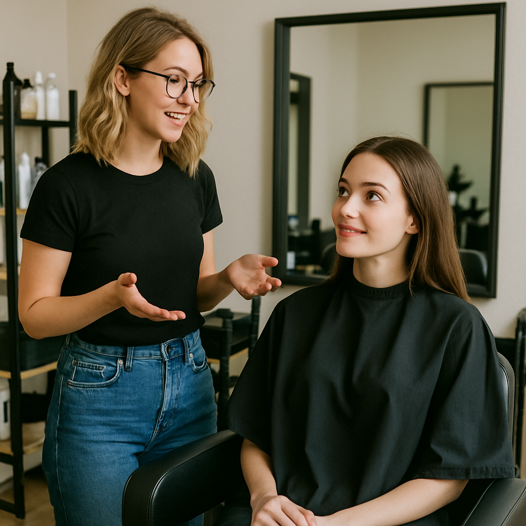 Hairdresser consulting with a client in a salon chair
