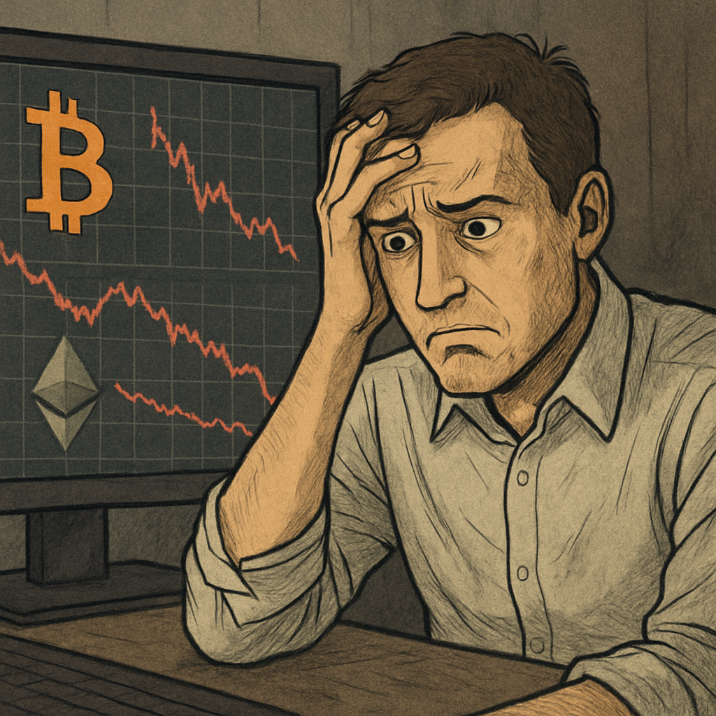 Image of a distressed investor looking at cryptocurrency charts