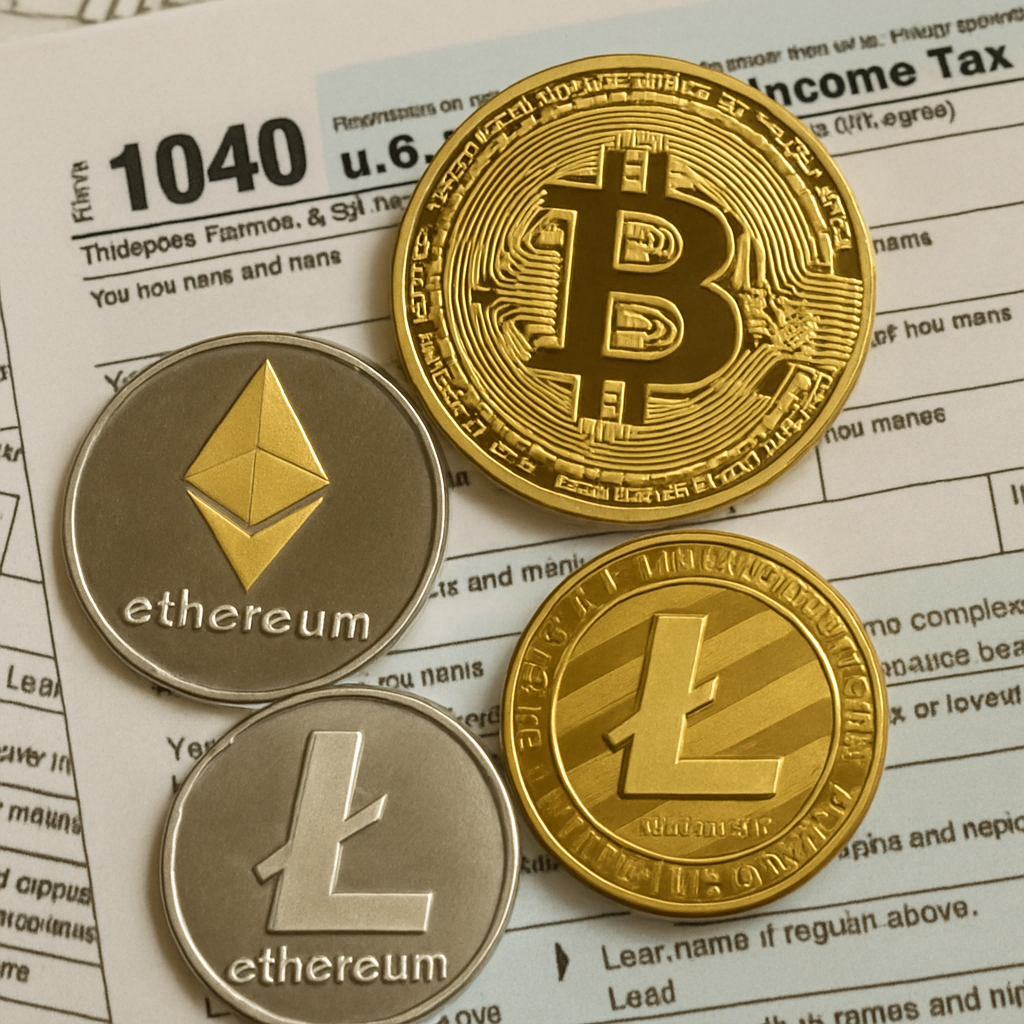 Image of cryptocurrency coins and tax forms