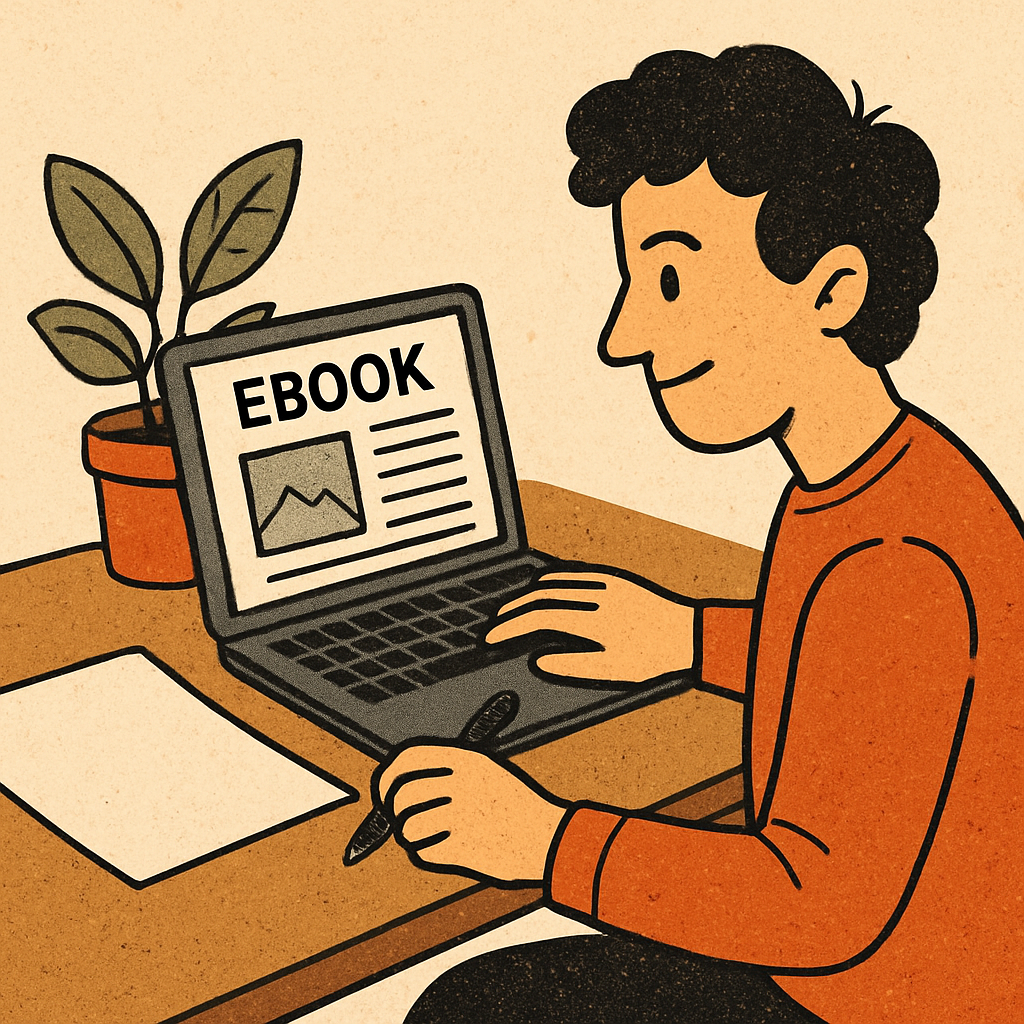 Illustration of a writer crafting an eBook on a laptop