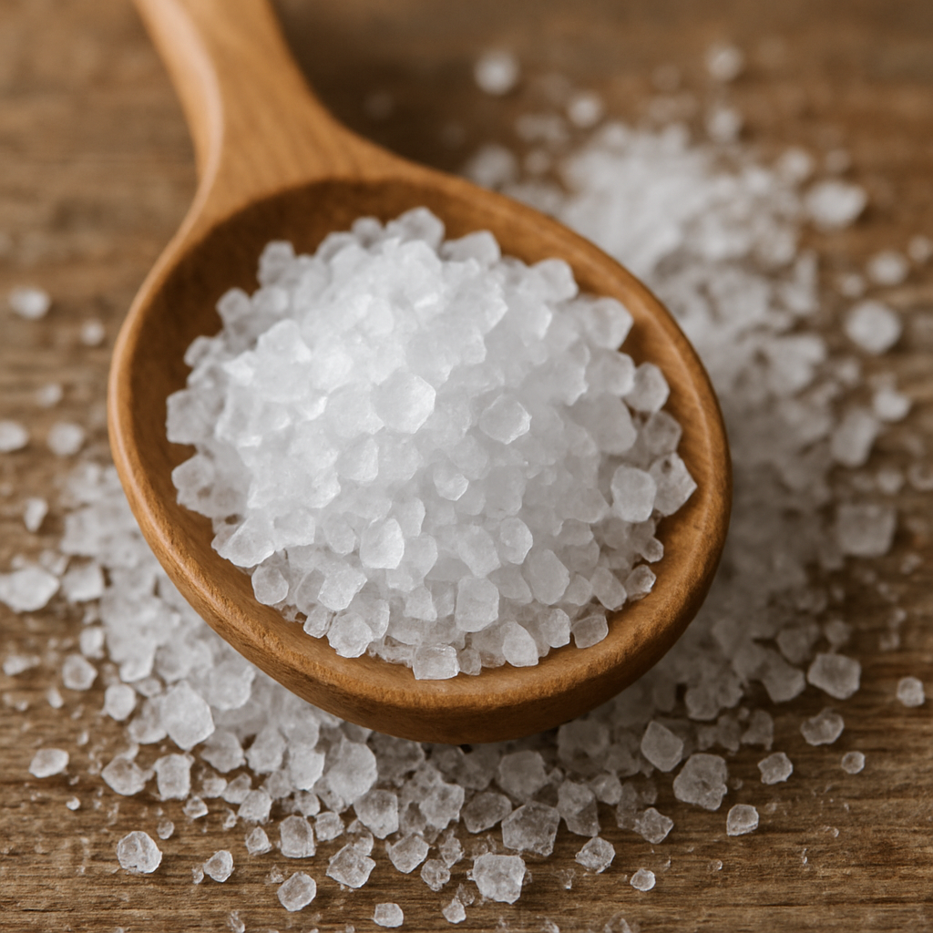 Crystals of Epsom salt on a wooden spoon