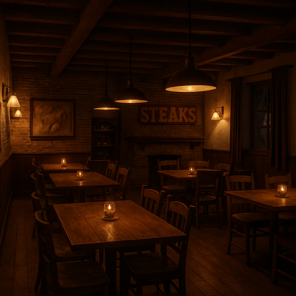A cozy steakhouse interior with wooden tables and dim lighting