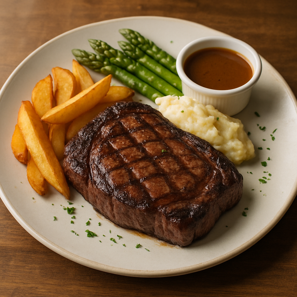 A beautifully presented steak dish with sides