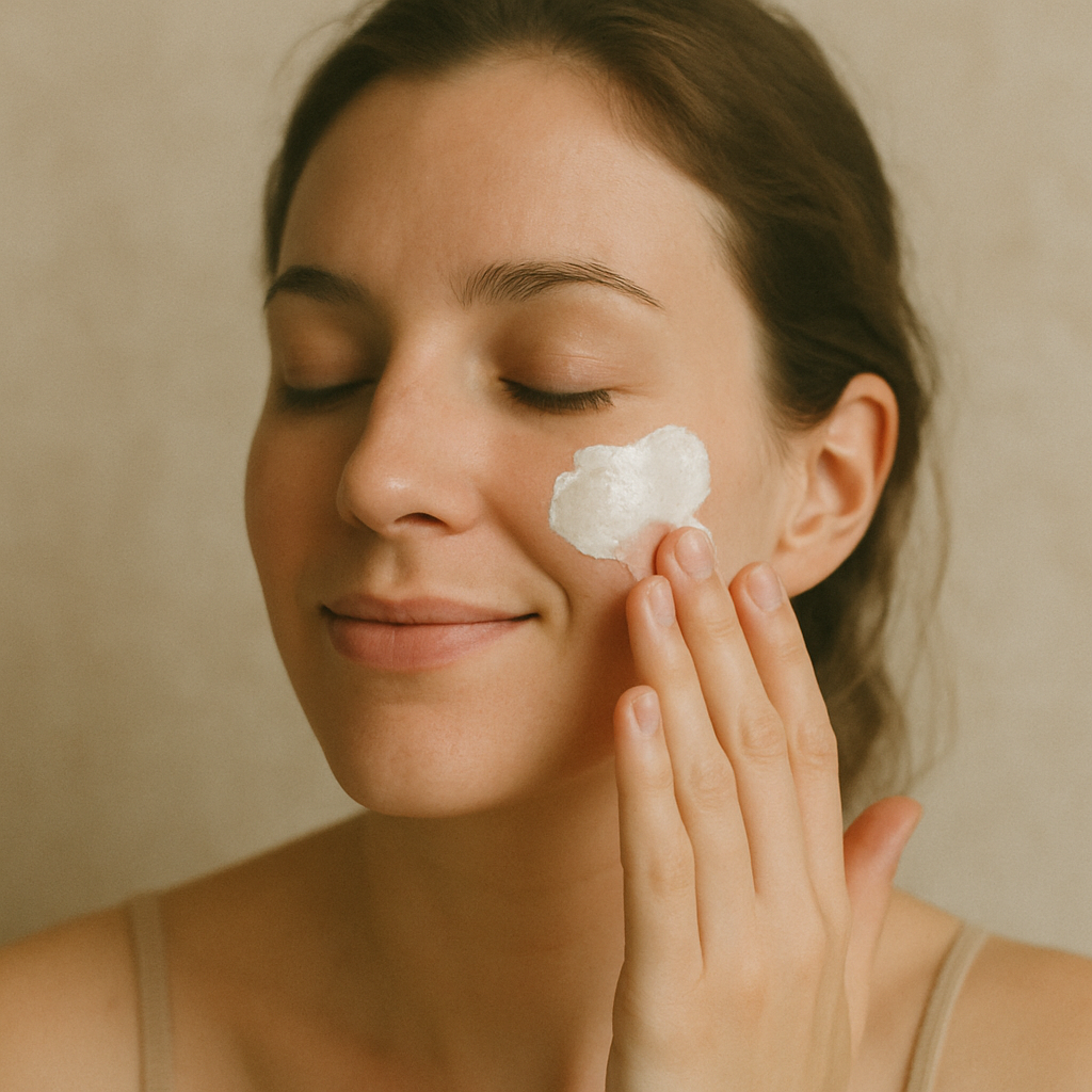 Woman applying cream on face