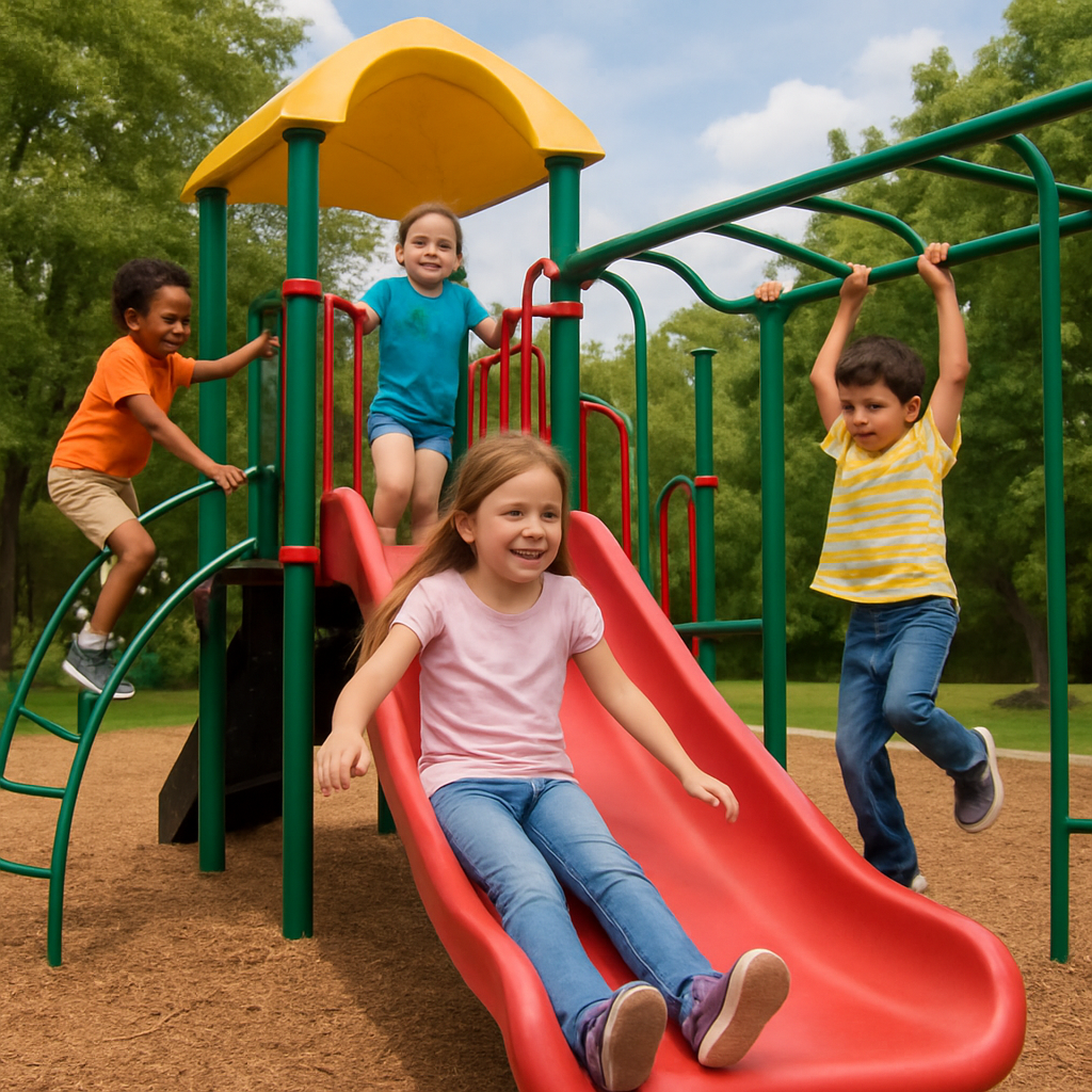 Children enjoying age-appropriate commercial playground equipment
