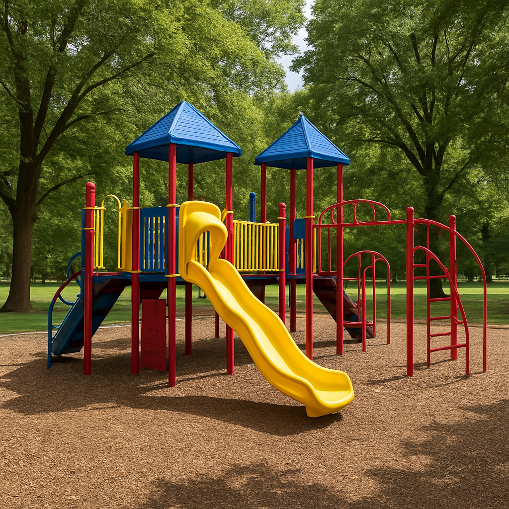 Commercial playground equipment in a park setting