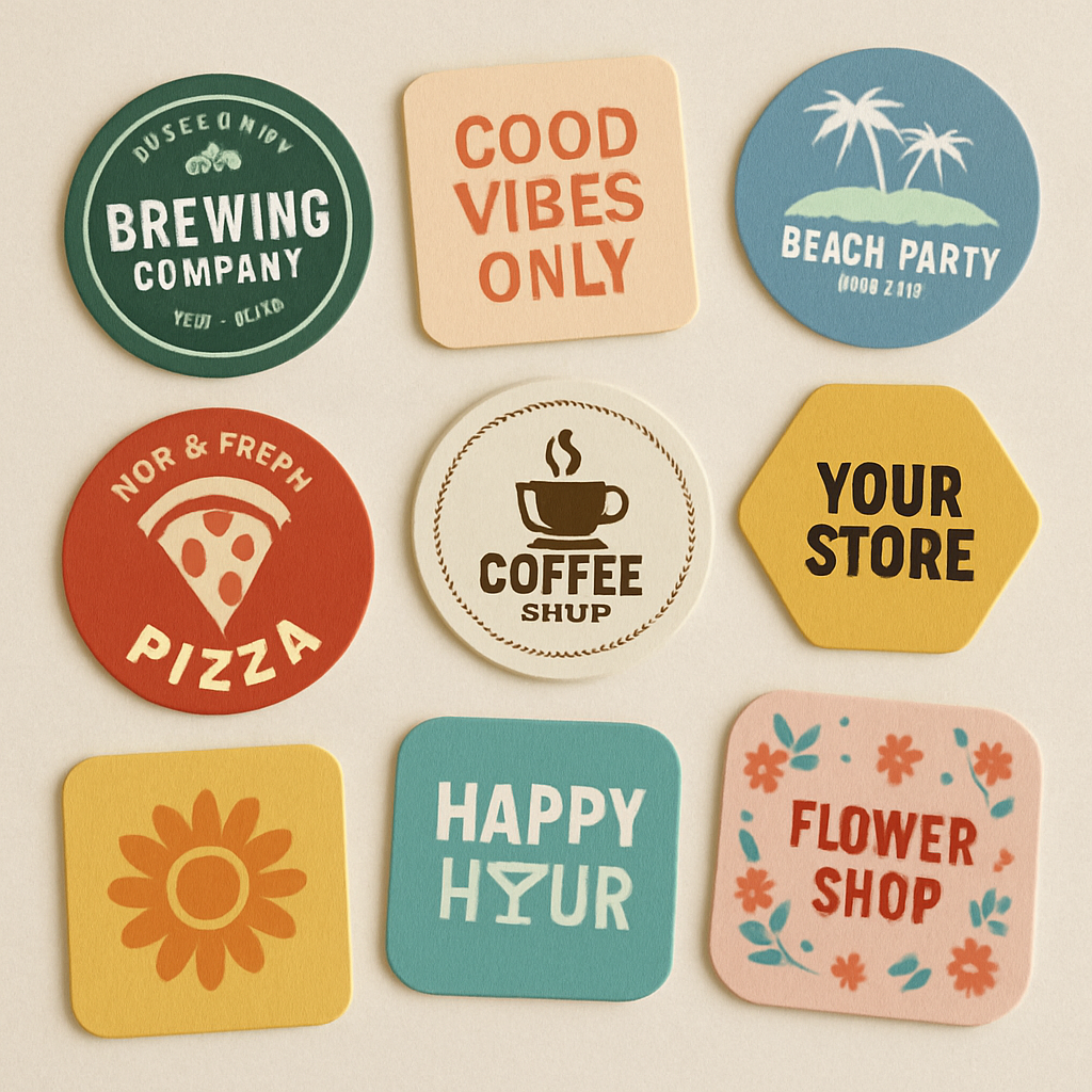 A variety of custom printed coasters in different shapes and colors