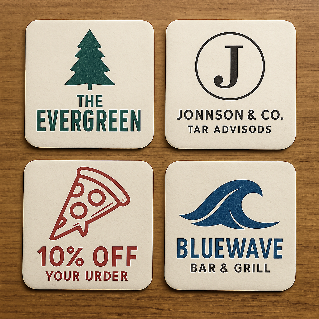 Custom printed coasters featuring business logos and promotions