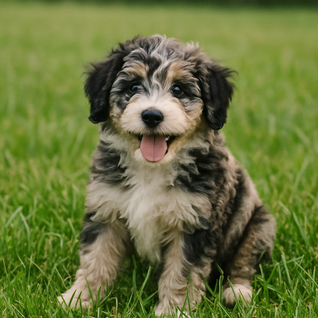 A playful Aussiedoodle puppy in a grassy field
