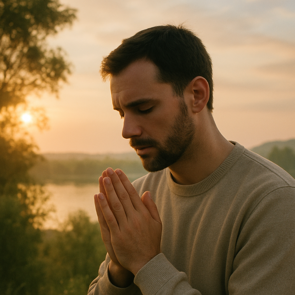 Person praying with a peaceful background