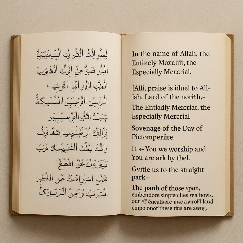Open book showing Arabic and English text side by side