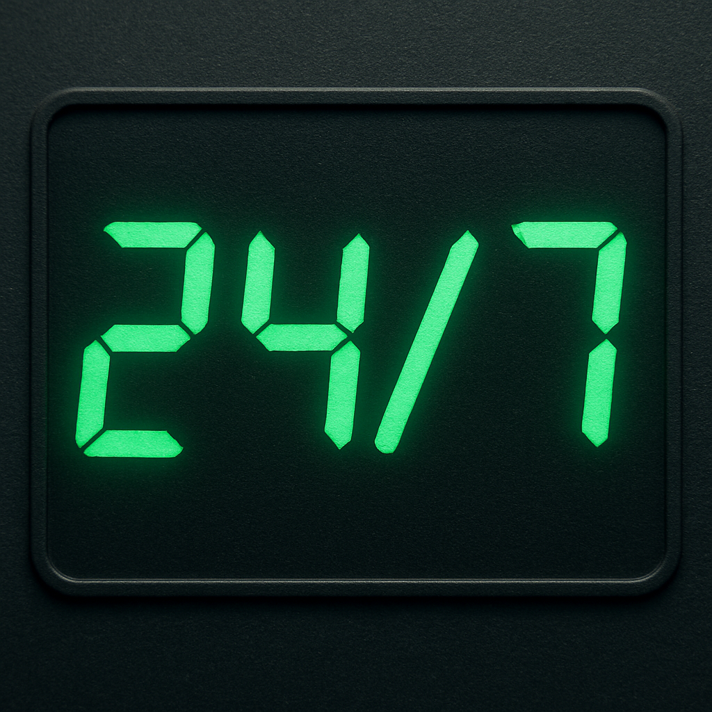 A digital clock displaying 24/7, symbolizing constant availability