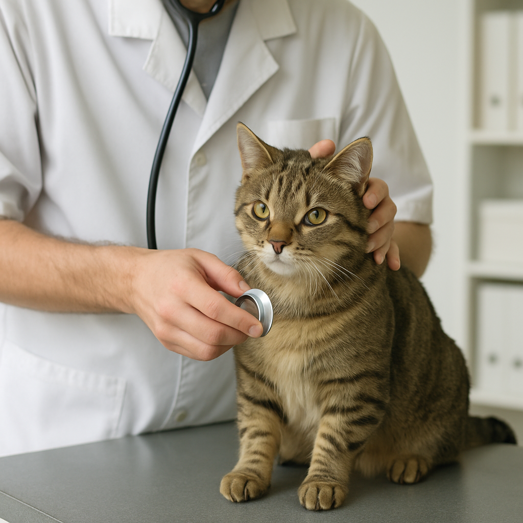 Cat sitting on a vet's examination table while a vet examines it