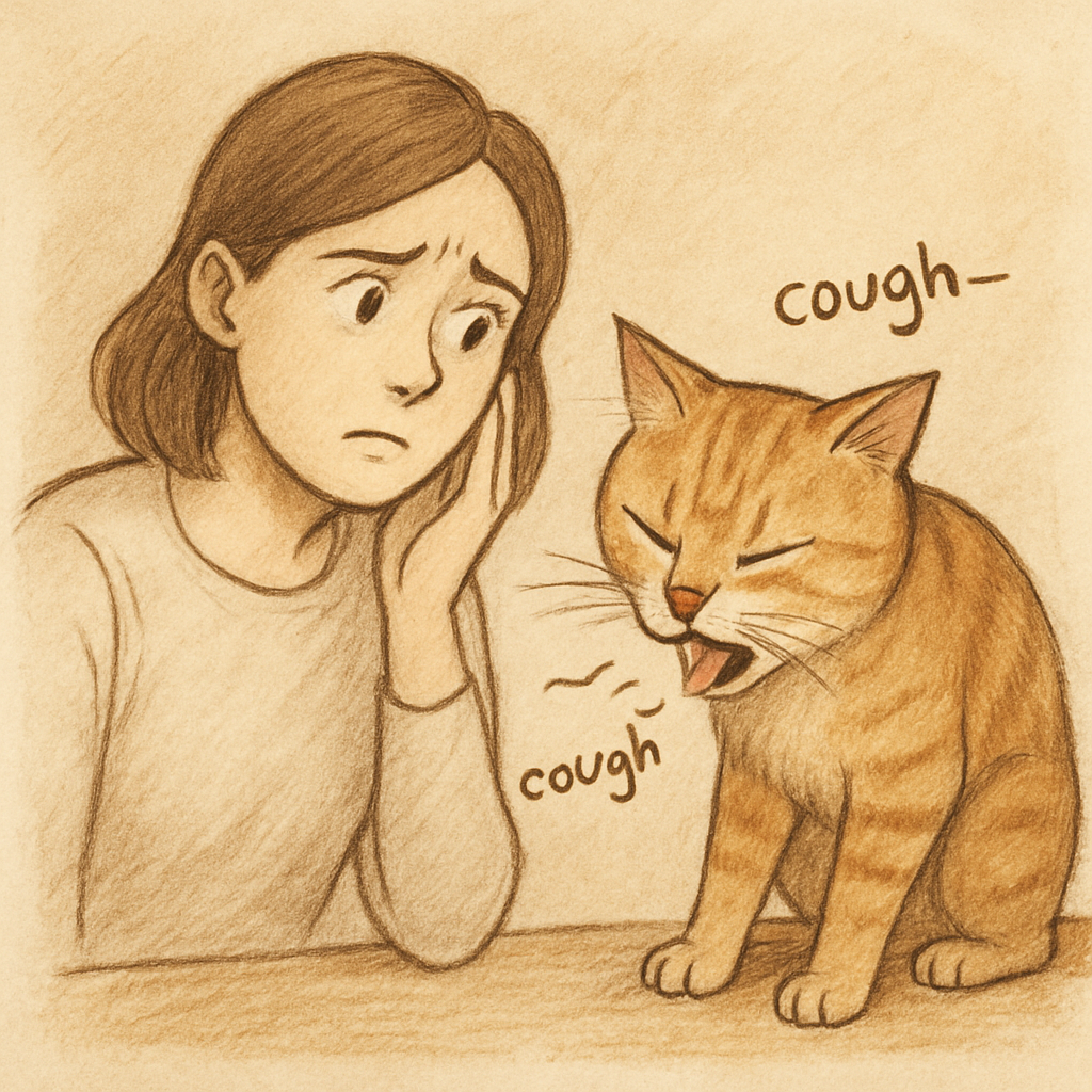 A concerned cat owner observing their cat coughing
