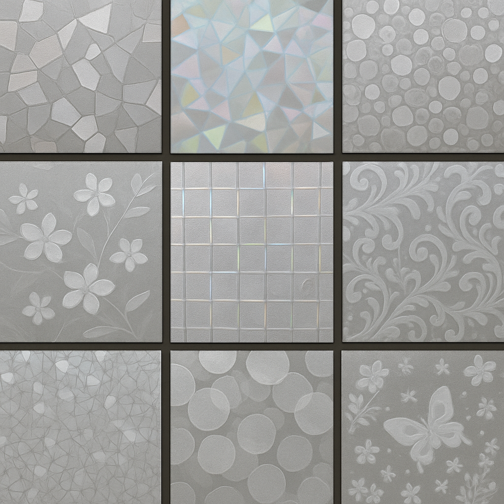 A variety of decorative window film patterns on display