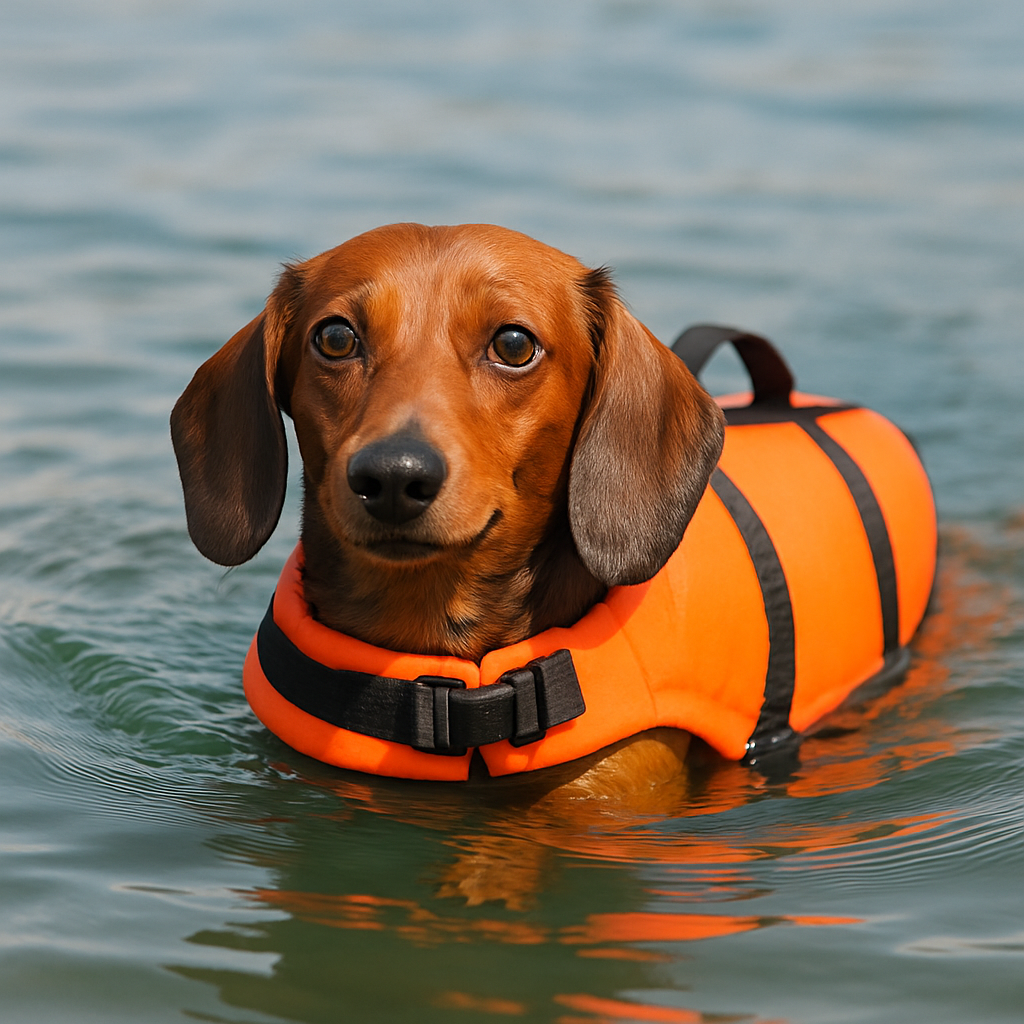 Dachshund enjoying water with a life jacket