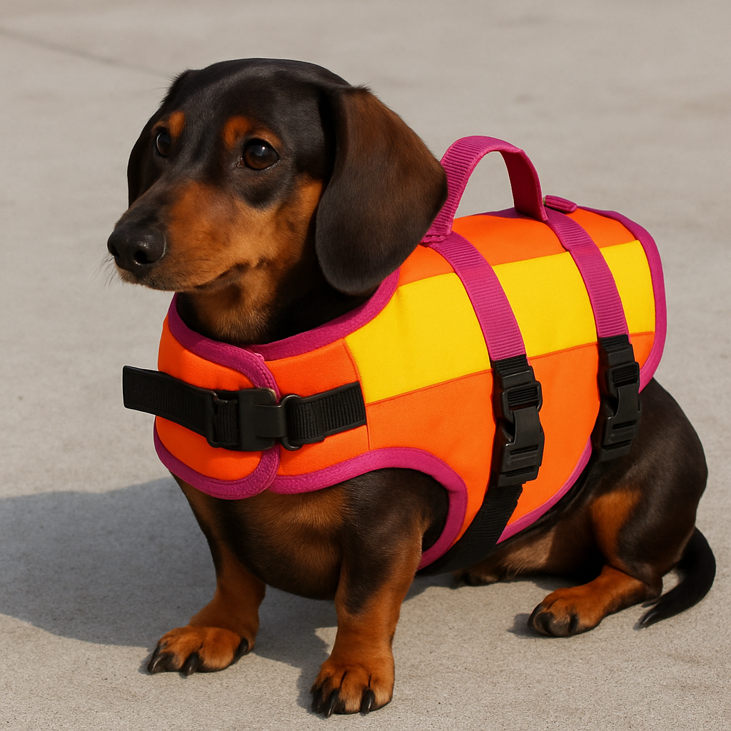 Bright colored life jacket for dachshund