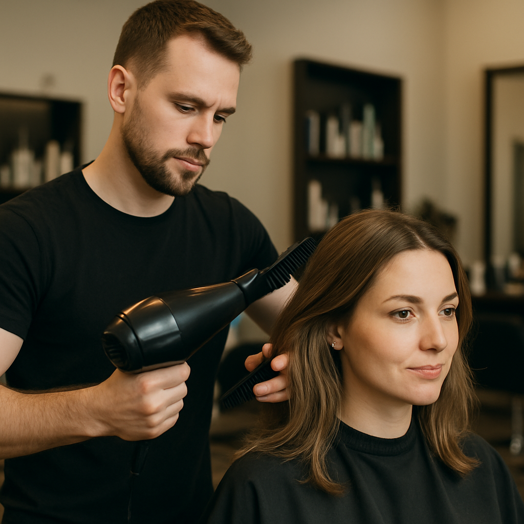 Professional hairstylist with client