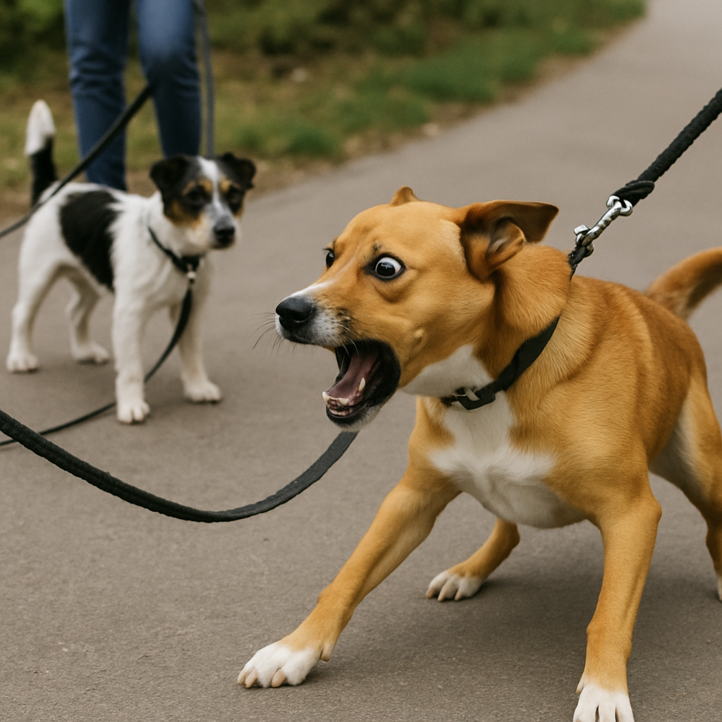 A dog reacting to another dog on a walk