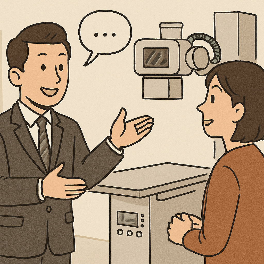 A sales representative explaining x-ray machine features to a buyer
