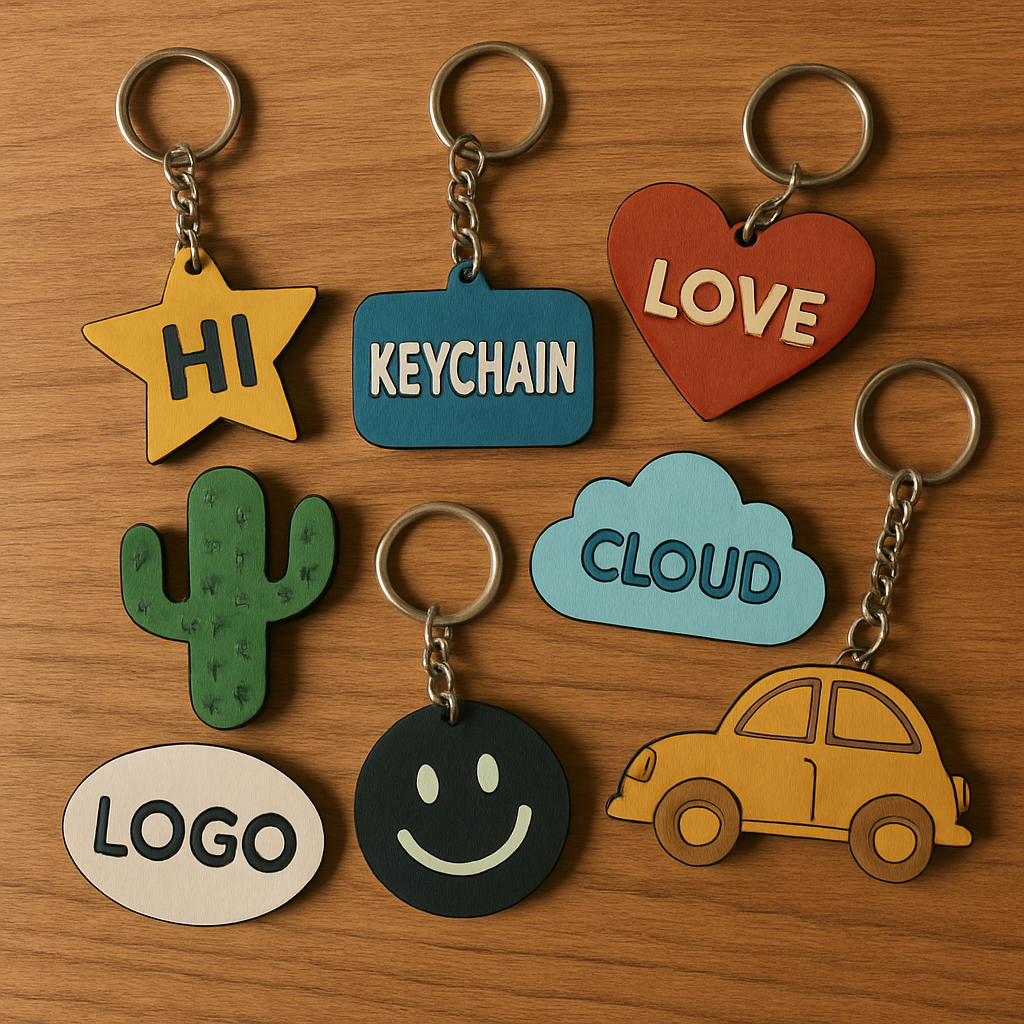 Various custom keychains on a wooden surface
