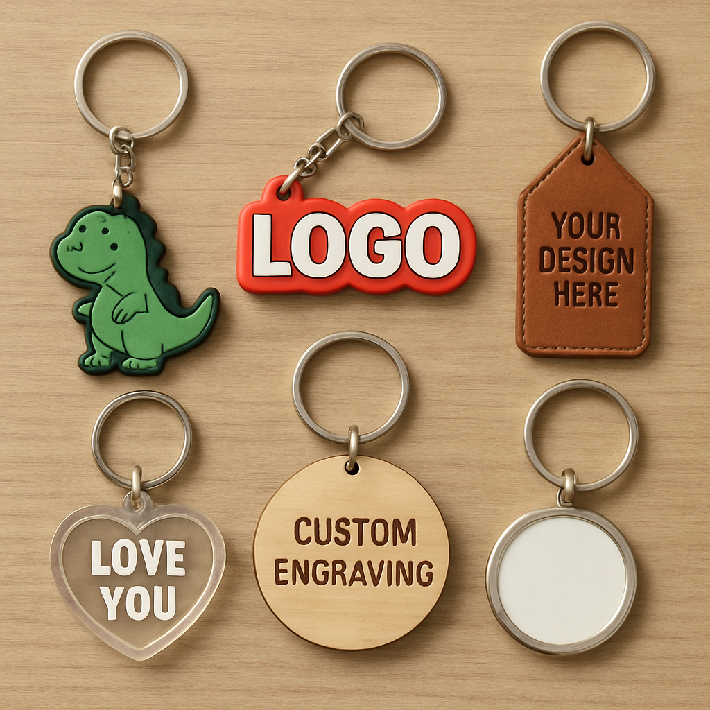 A collection of custom keychains in various designs and materials