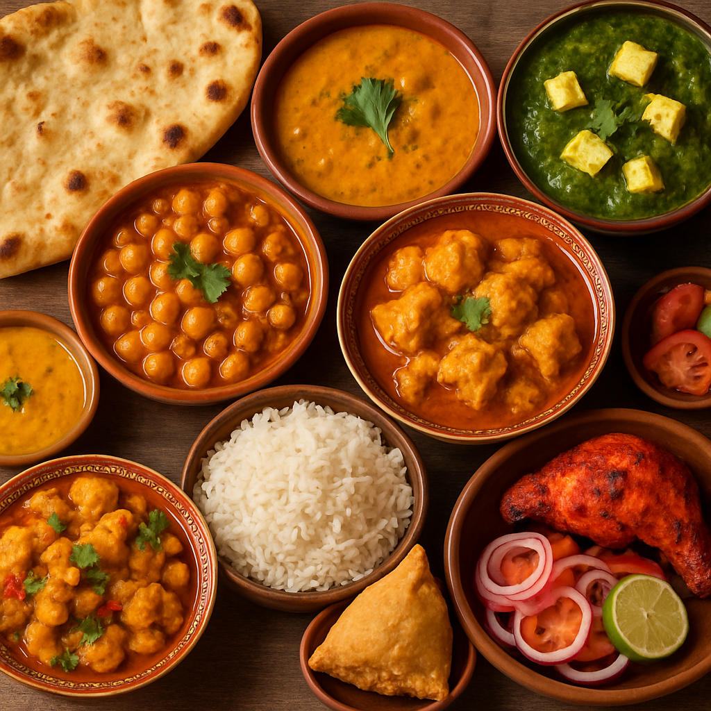 A collage of traditional Indian dishes beautifully arranged on a table