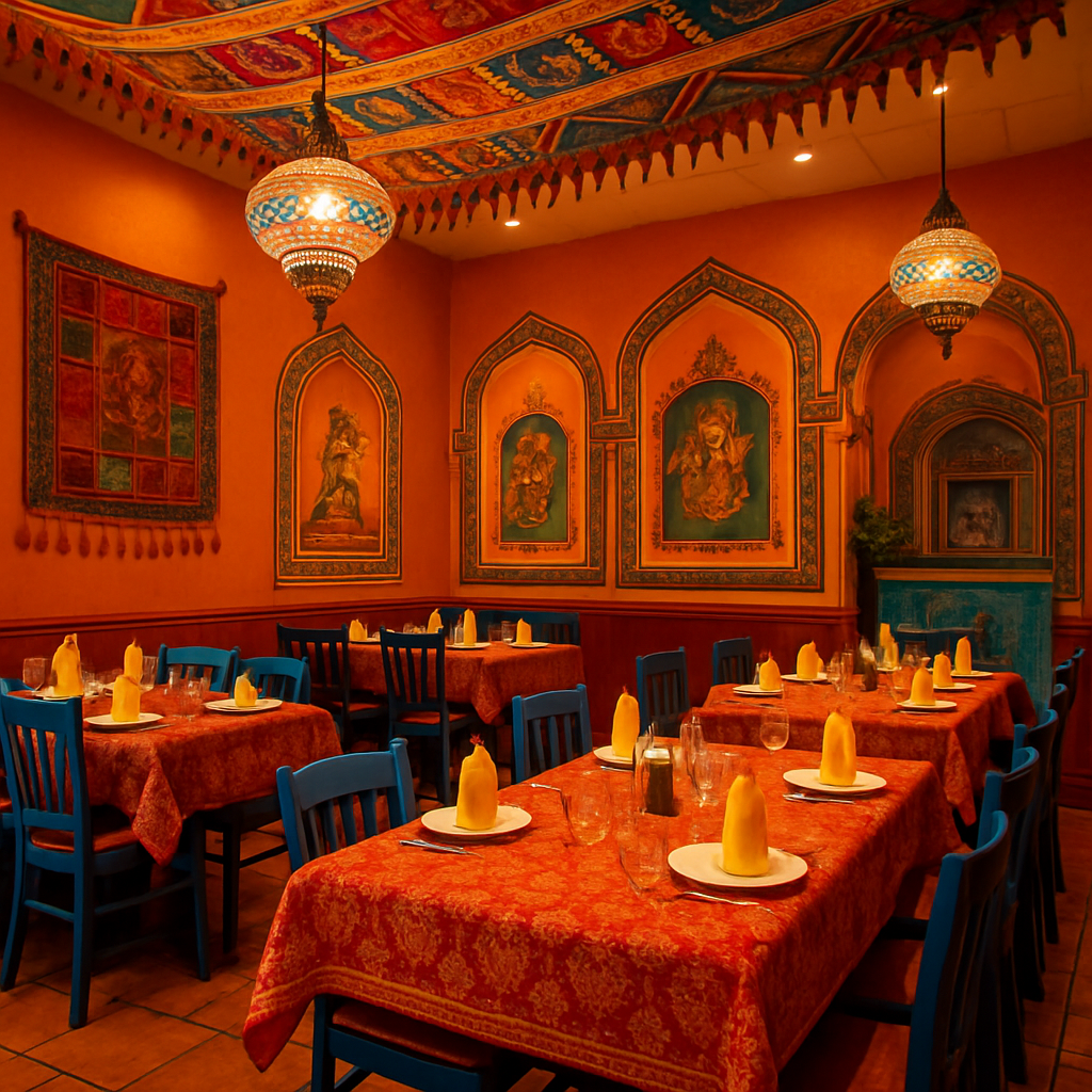 A vibrant Indian restaurant interior with traditional decor