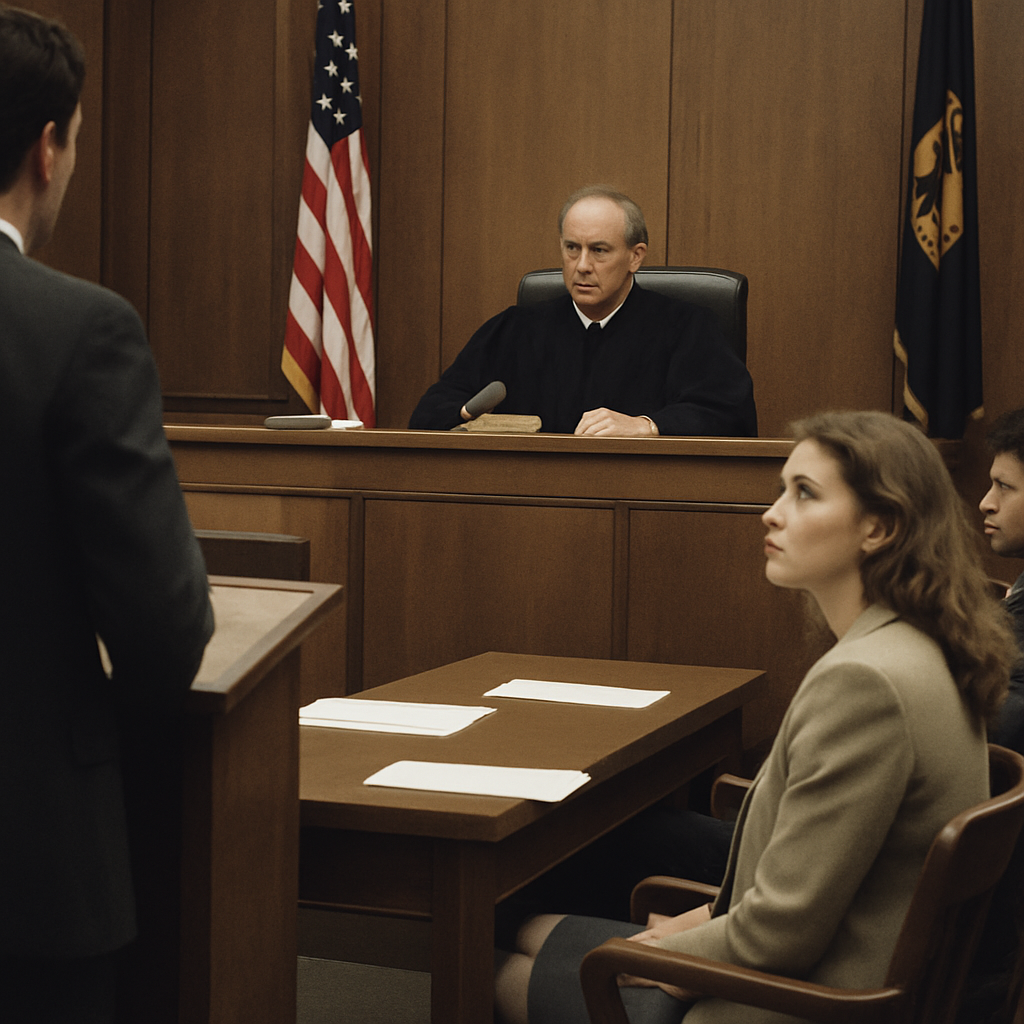 A courtroom with a judge presiding over a case