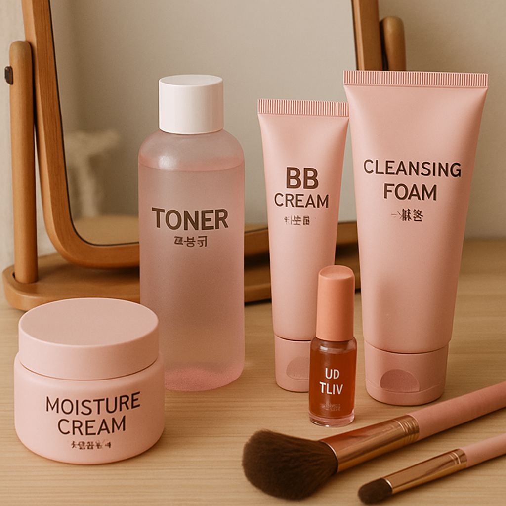 Korean beauty products on a vanity table