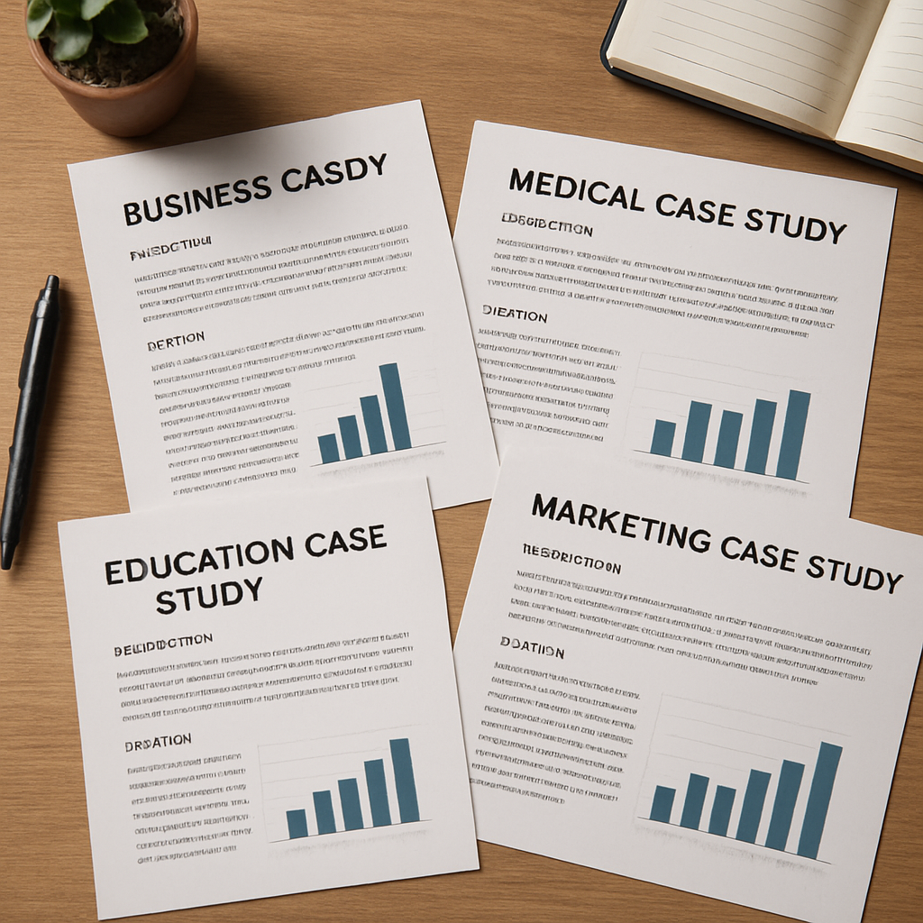 Different types of case studies on a desk