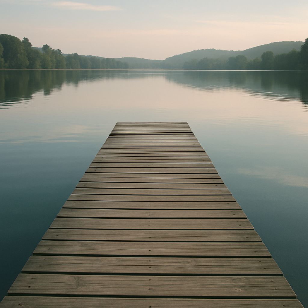 A wooden dock extending into a serene lake