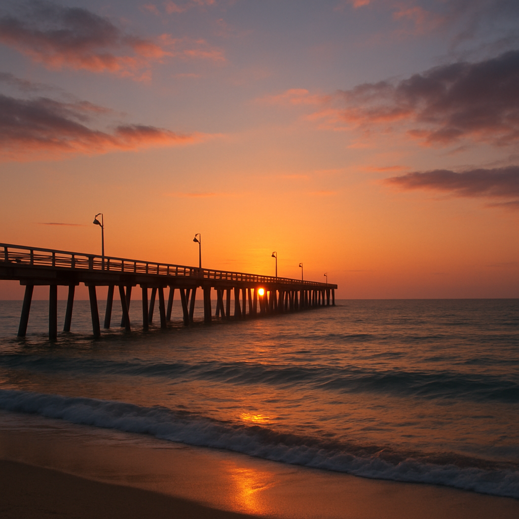 A long pier stretching into the ocean at sunset
