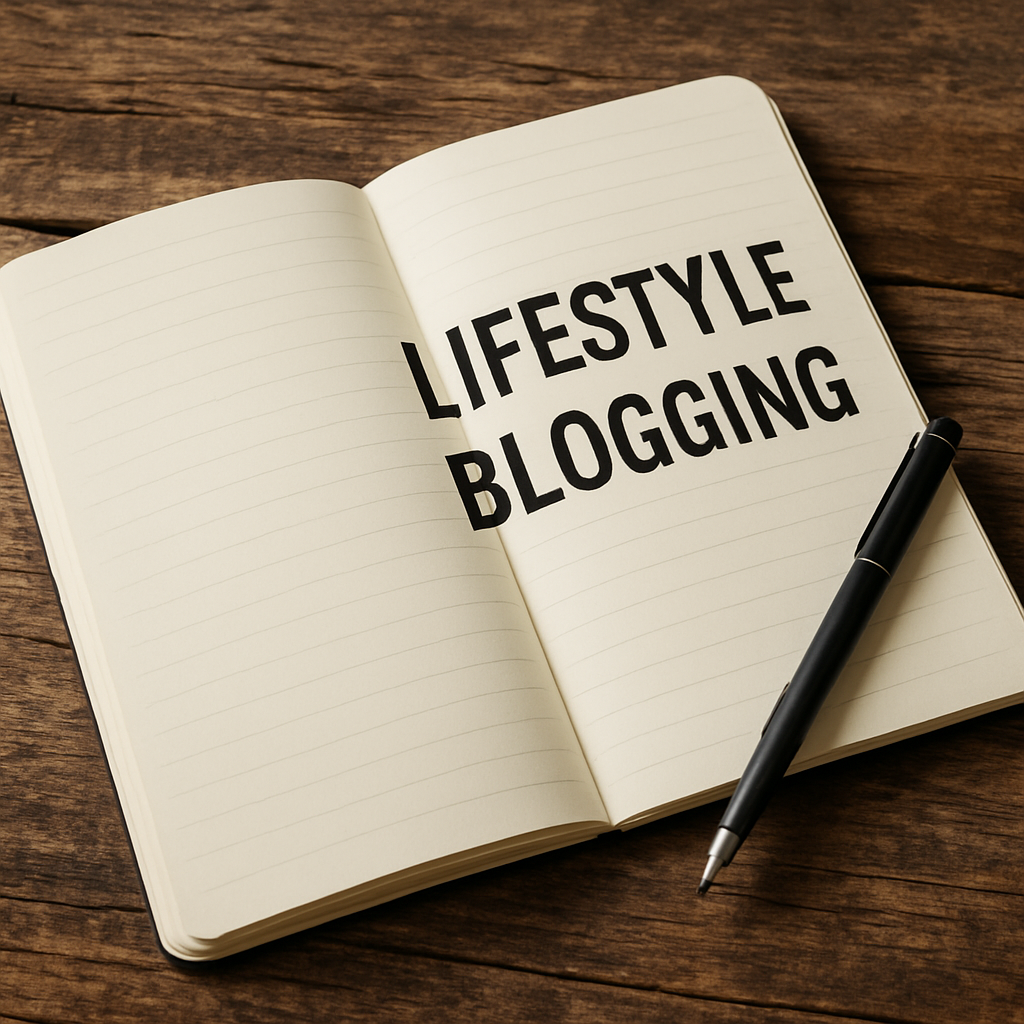 An open notebook with a pen on a rustic wooden table, symbolizing the beginning of lifestyle blogging